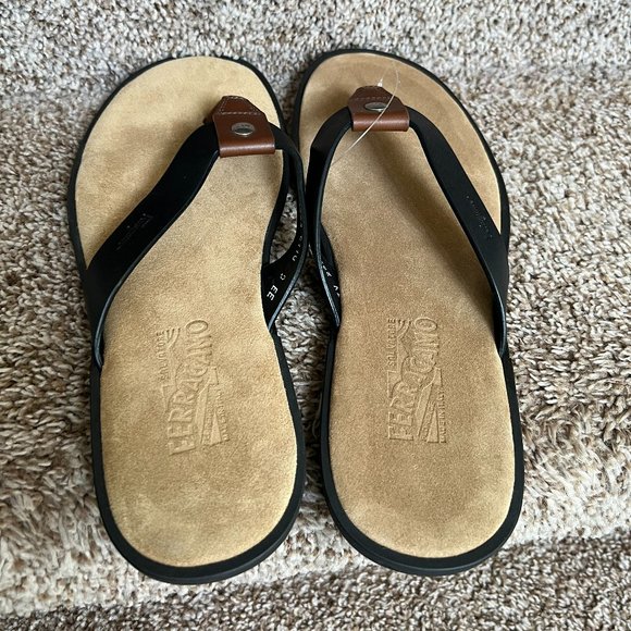 Salvatore Ferragamo Men\'s Brown/Black Leather Flip Flops main image 5